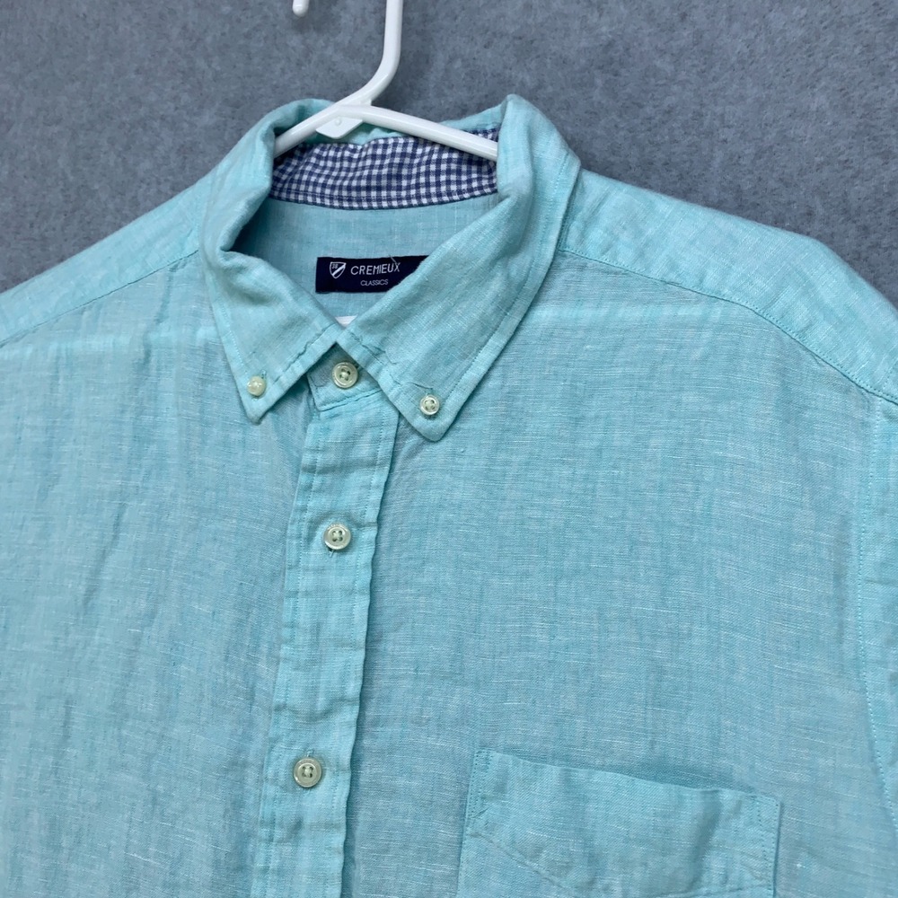 Cremieux Button Down Shirt Mens XL Aqua Blue 100% Linen Short Sleeve Pocket